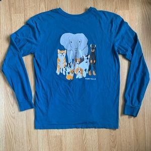 Ivory Ella Sz. Small Long Sleeve Cotton Blue Shirt Large Elephant & Dogs On Back
